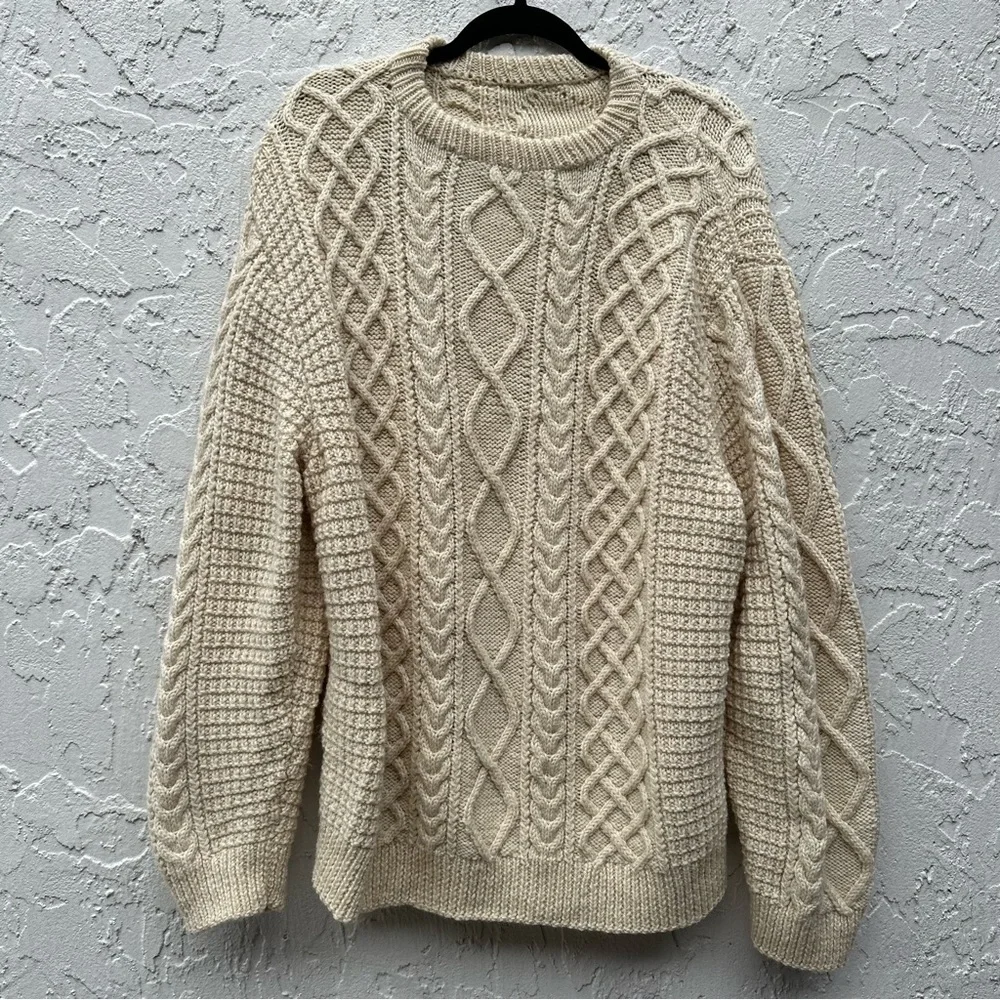 Vintage Wool Fisherman Cable knit Hand-knit Sweater Women’s Large Cream Neutral